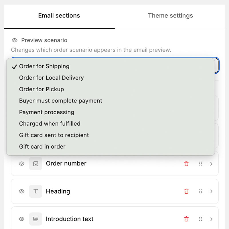 Preview order email scenarios before sending